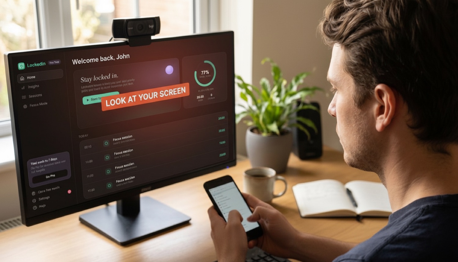 LockedIn catching a phone pickup — the app flashes 'look at your screen'